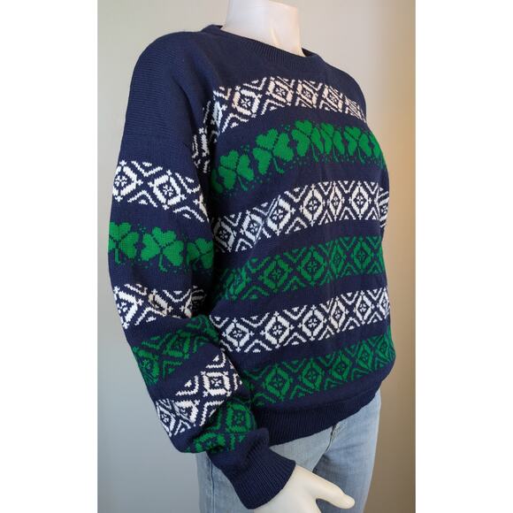 VTG Whats Next Sweater Large Navy Green Shamrock Fair Isle 80s St Patricks Irish - Picture 3 of 9